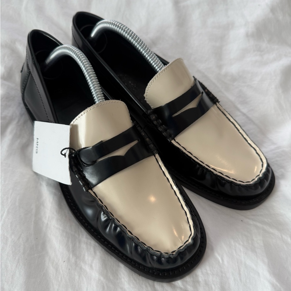 Mango Two-Tone Black and Cream Penny Loafers